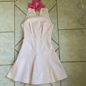 J crew seersucker dress| size 2 small pink ribbon tie fit flare NWT $108
